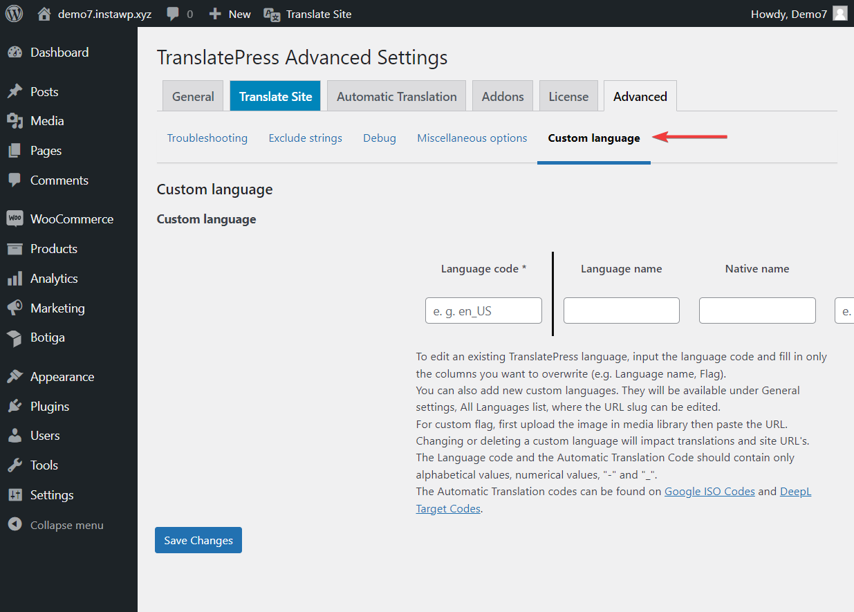 Advanced TranslatePress settings for custom languages